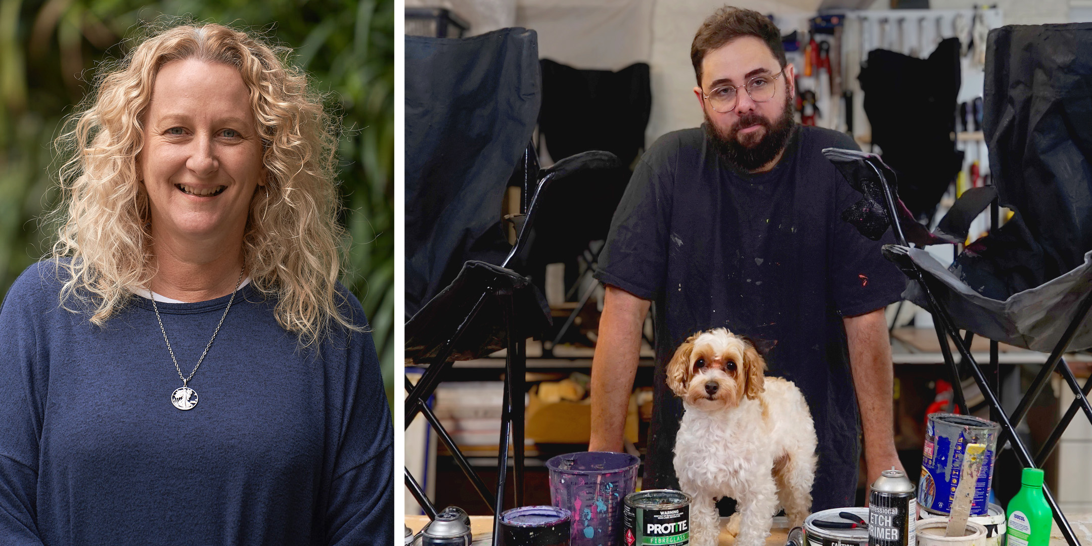 Two portraits combined as one. Left: Jane Skeer. Photo Sam Roberts @samrophoto RIght: Yannick Blattner. Photo courtesy of the artist.