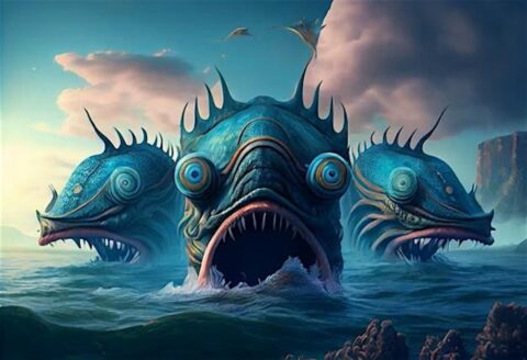 A digitally created image of three giant sea monsters
