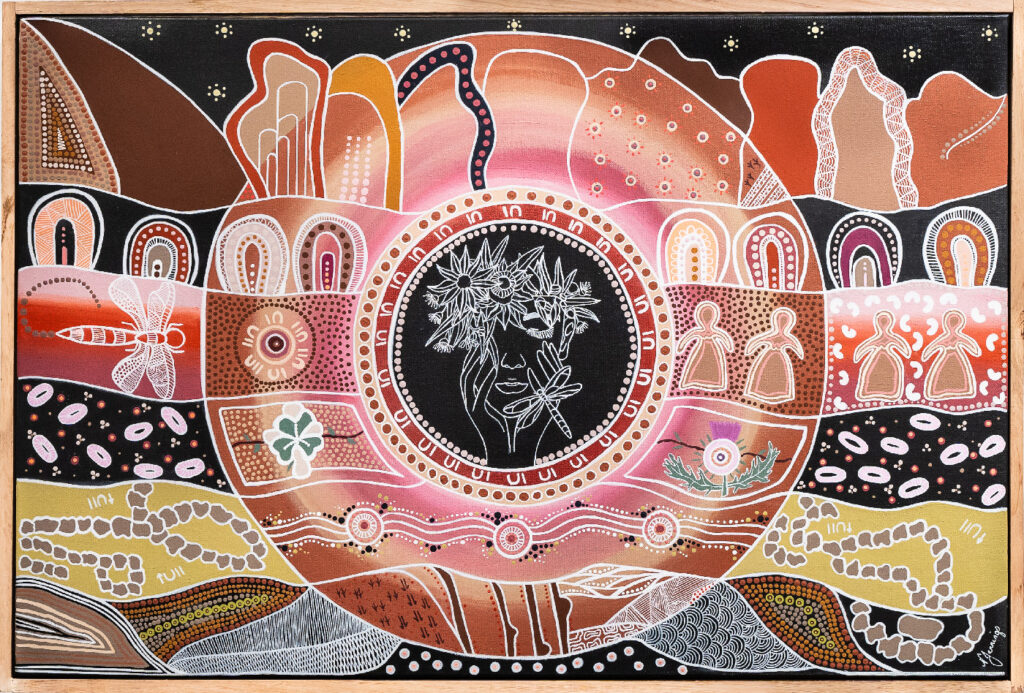 Image of a First Nations artwork from the Saltwater Freshwater Arts 2023 exhibition.