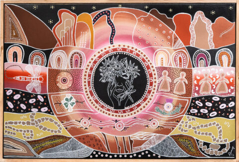 Image of a First Nations artwork from the Saltwater Freshwater Arts 2023 exhibition.