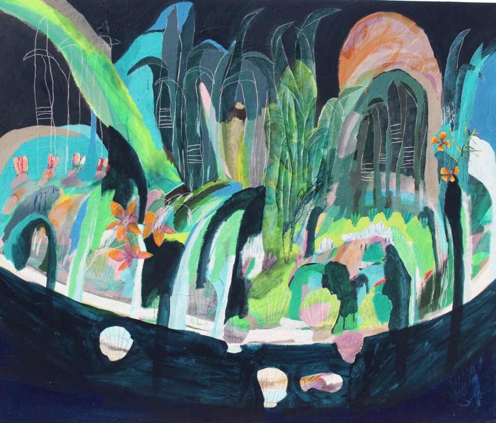 Nikky Morgan-Smith, Mele Falls, Looking at the moon but seeing you, acrylic on plywood panel.